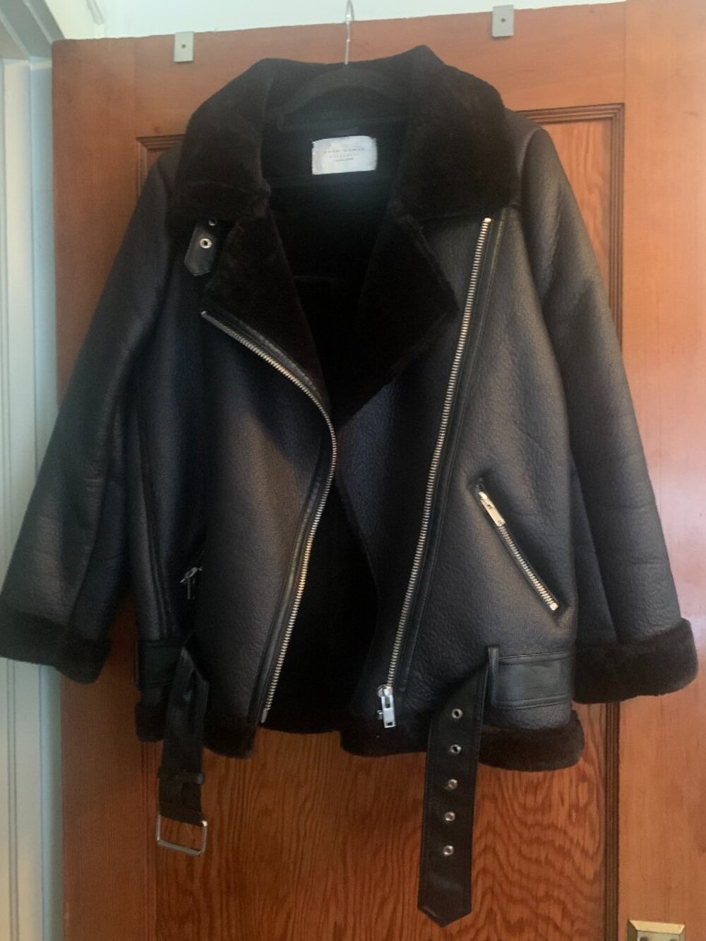 NWOT ZARA Black Faux Leather Shearling Biker Jacket Aviator Coat Oversized Small